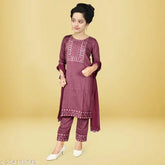 Embroidered A-line salwar suit set, art silk top with chiffon dupatta for girls aged 6-8 years, India origin